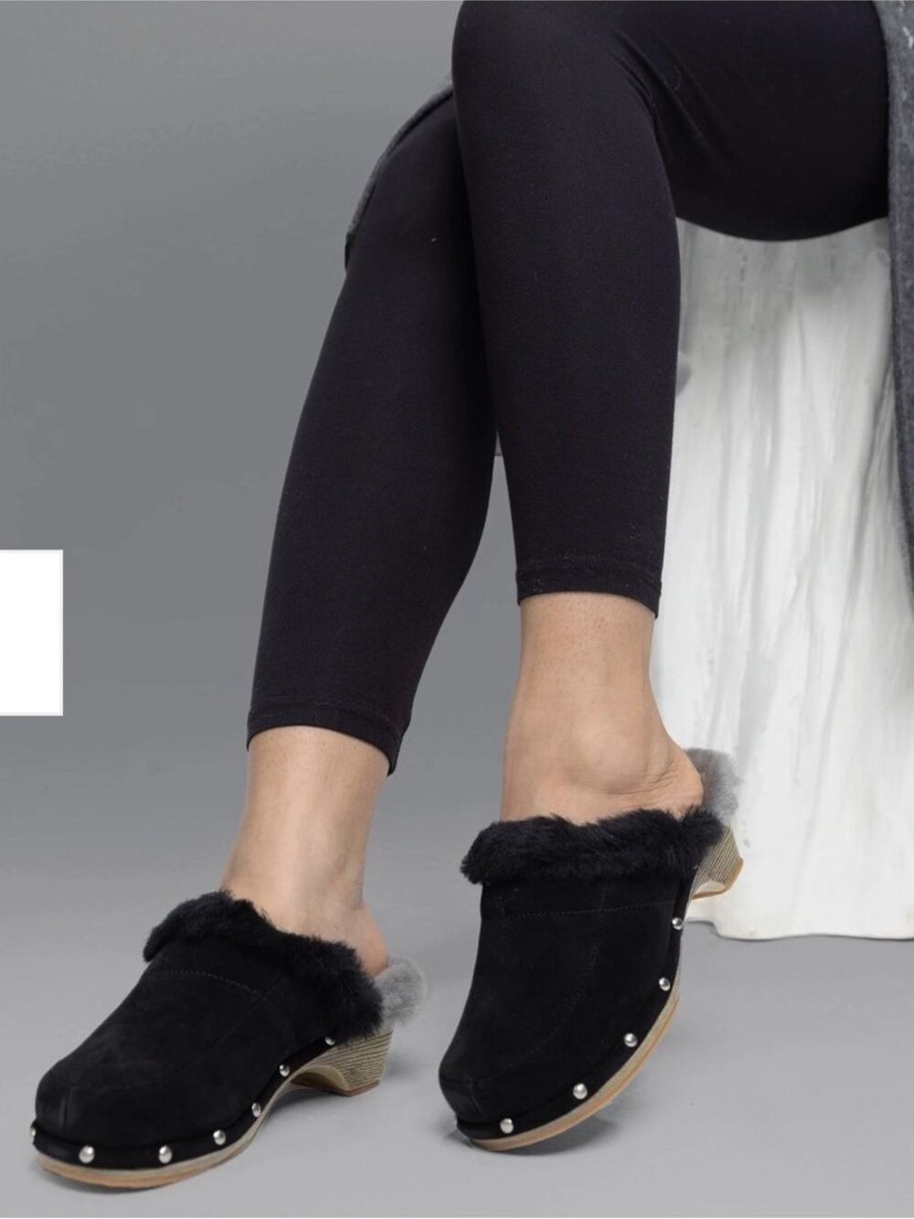 Cloud Nine Leather Clog Slip On | Black Grey Sheepskin Size 9